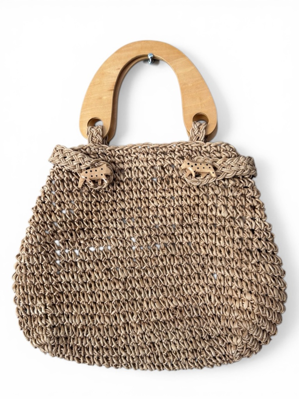 Vintage Wooden Handle Straw Bag Purse With Wooden Animal Accents